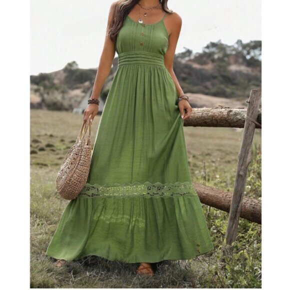 Boho Shirred Ruffle Lace Hem Maxi Dress Green. - Picture 4 of 8